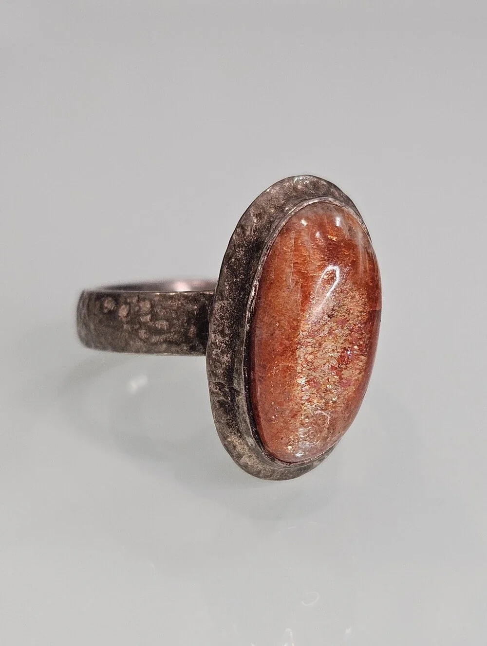 Sterling Silver Oval Sunstone Hammered Textured Band 925 Gemstone Ring Size 9 US
